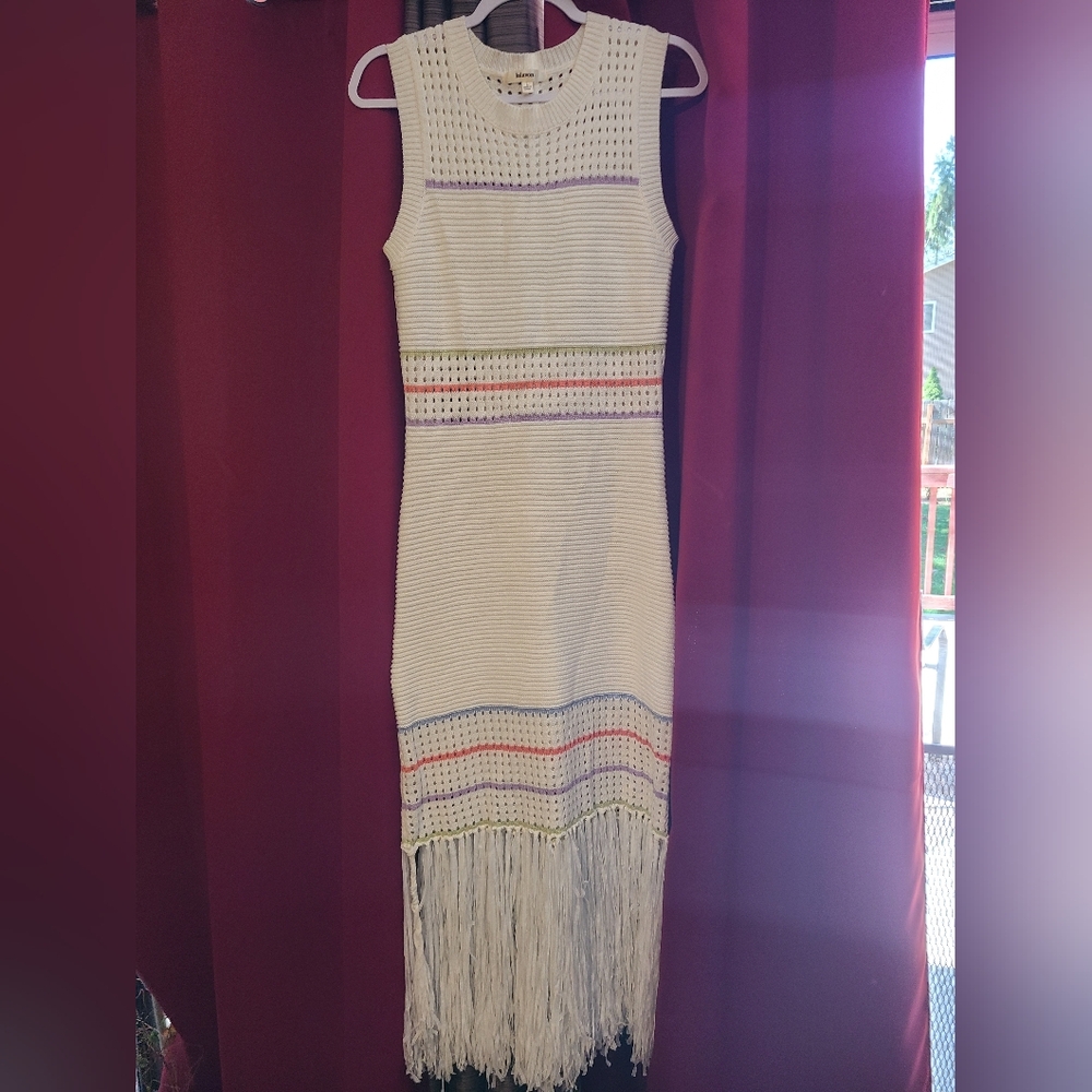 Cream Maxi Sheath Dress with Fringe and Crew Neck